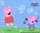 Peppa Свинья и Джордж свиньи, играя с мыльные пузыри